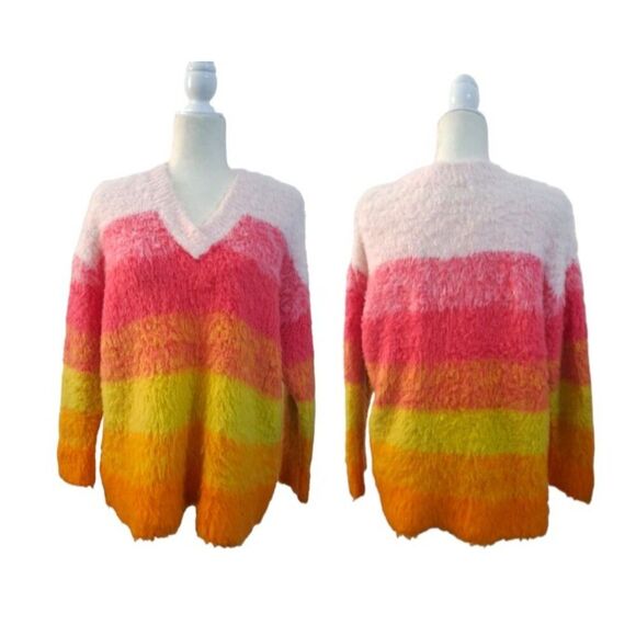 Anthropologie Women's Simone Striped Sweater Pink Orange Multi V Neck Medium - Picture 3 of 9